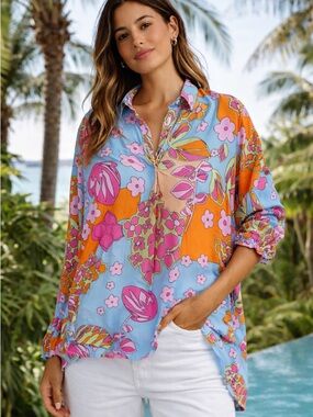Key Largo Tropical Floral Blouse S NWT Colorful Resort Boho Top